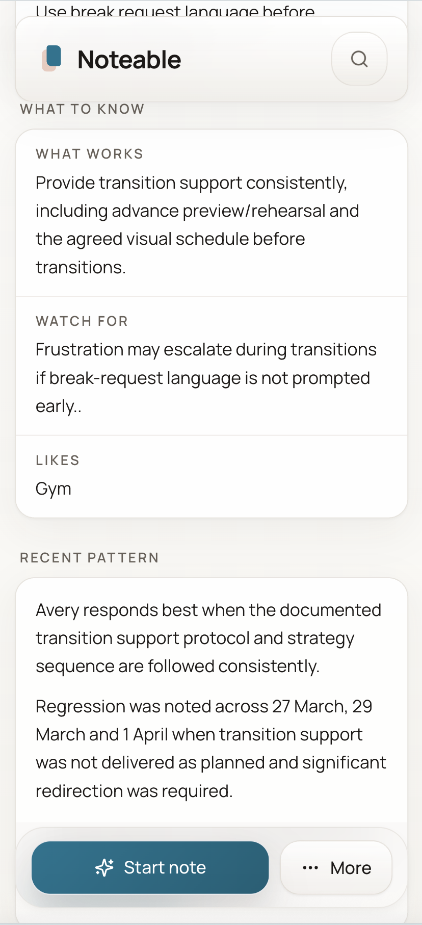 Mobile client view showing what works, watch-outs, and recent pattern for the covering worker.