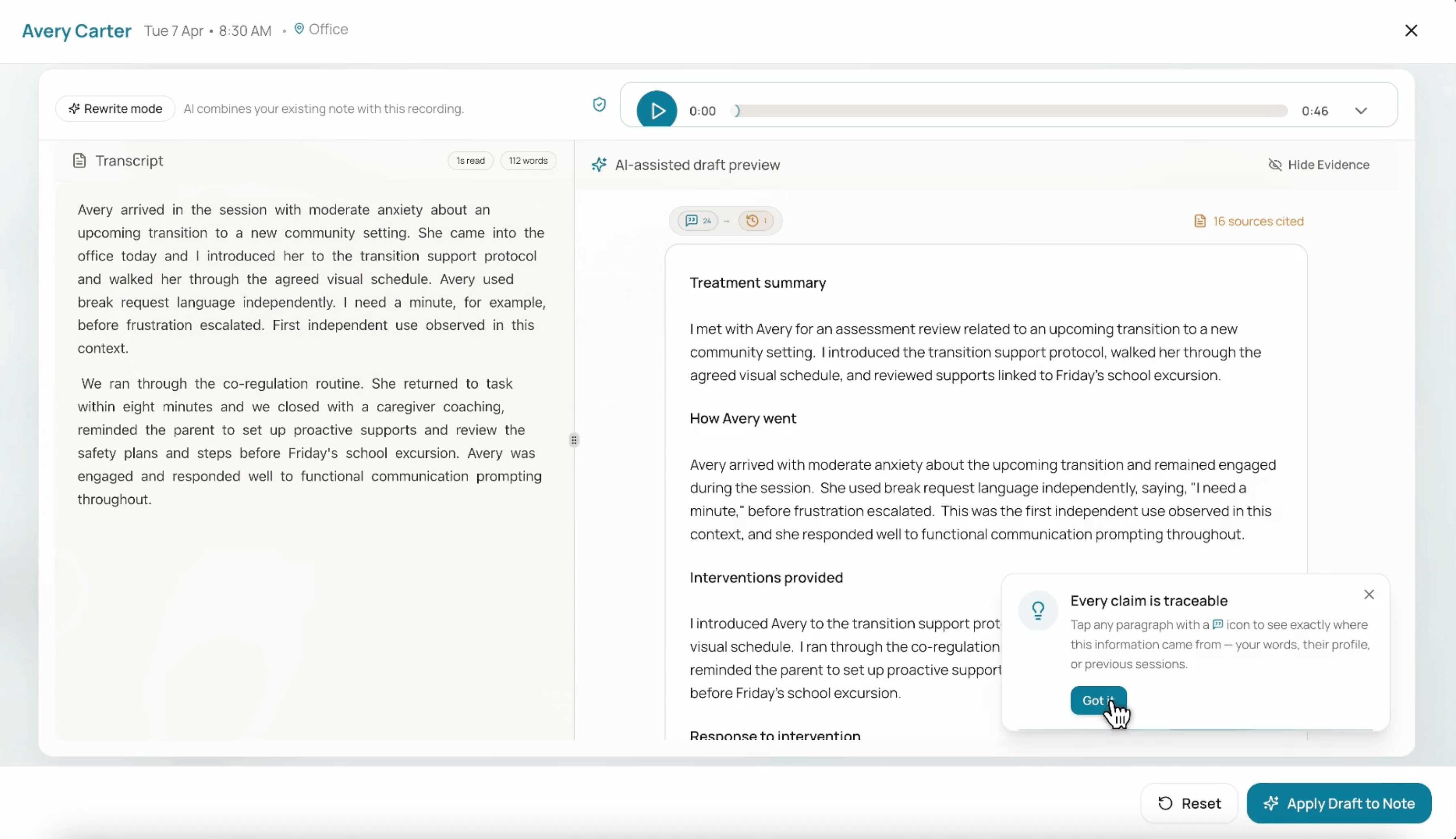 Transcript beside an AI-assisted session draft with source citations