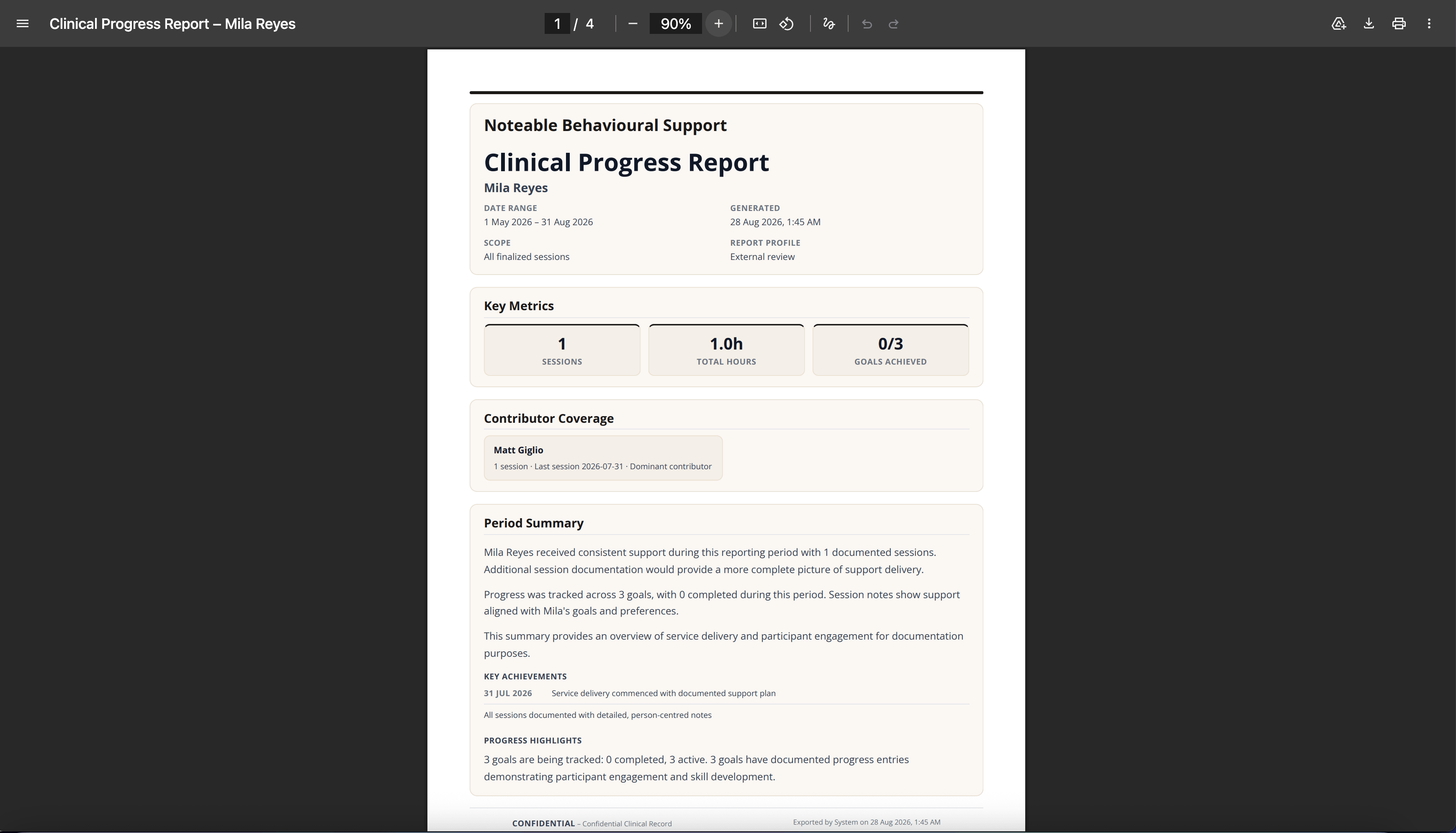 Clinical progress report with period summary, hours, and goal tracking