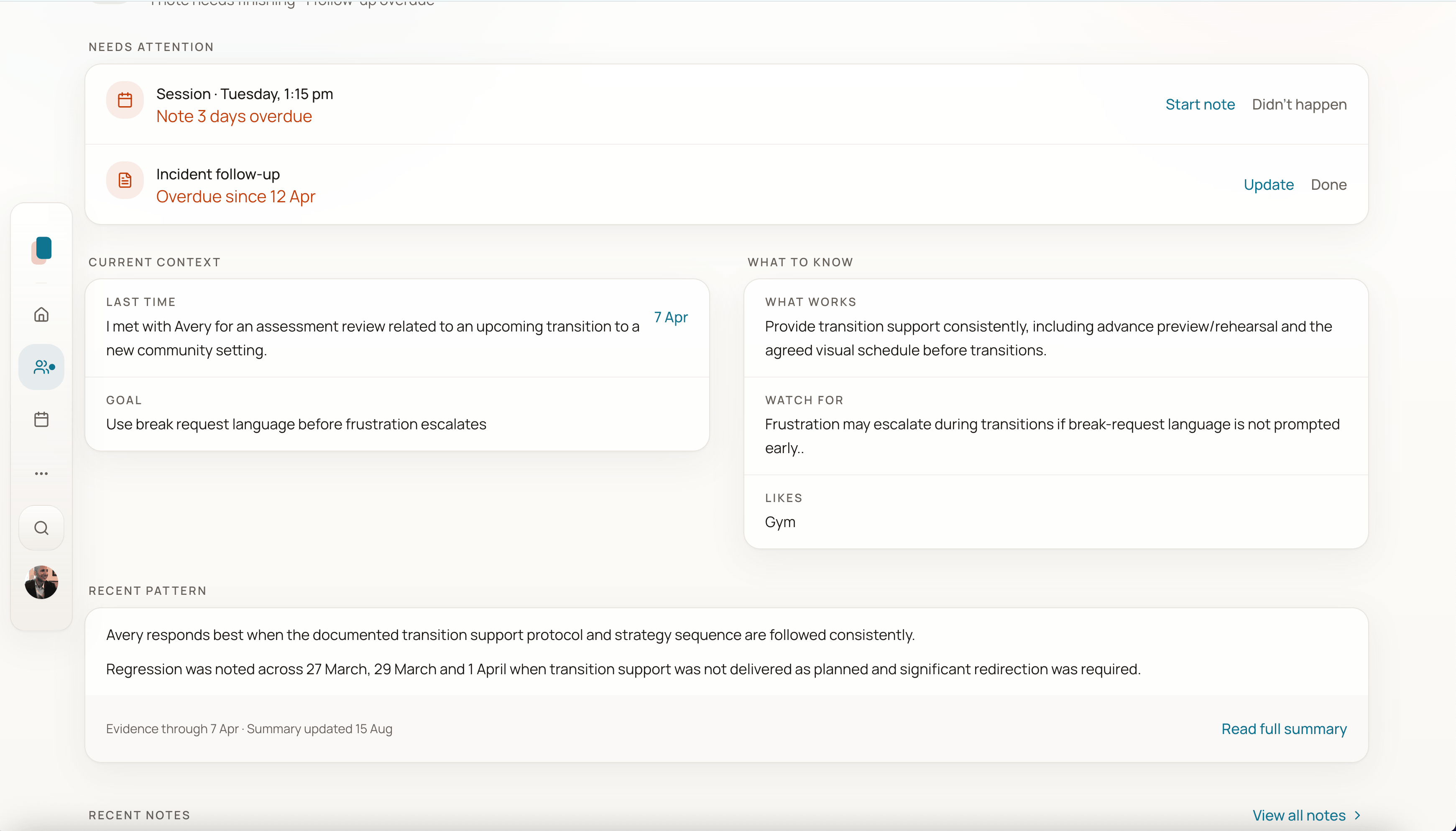Client home with current context, what to know, and recent pattern before the next session