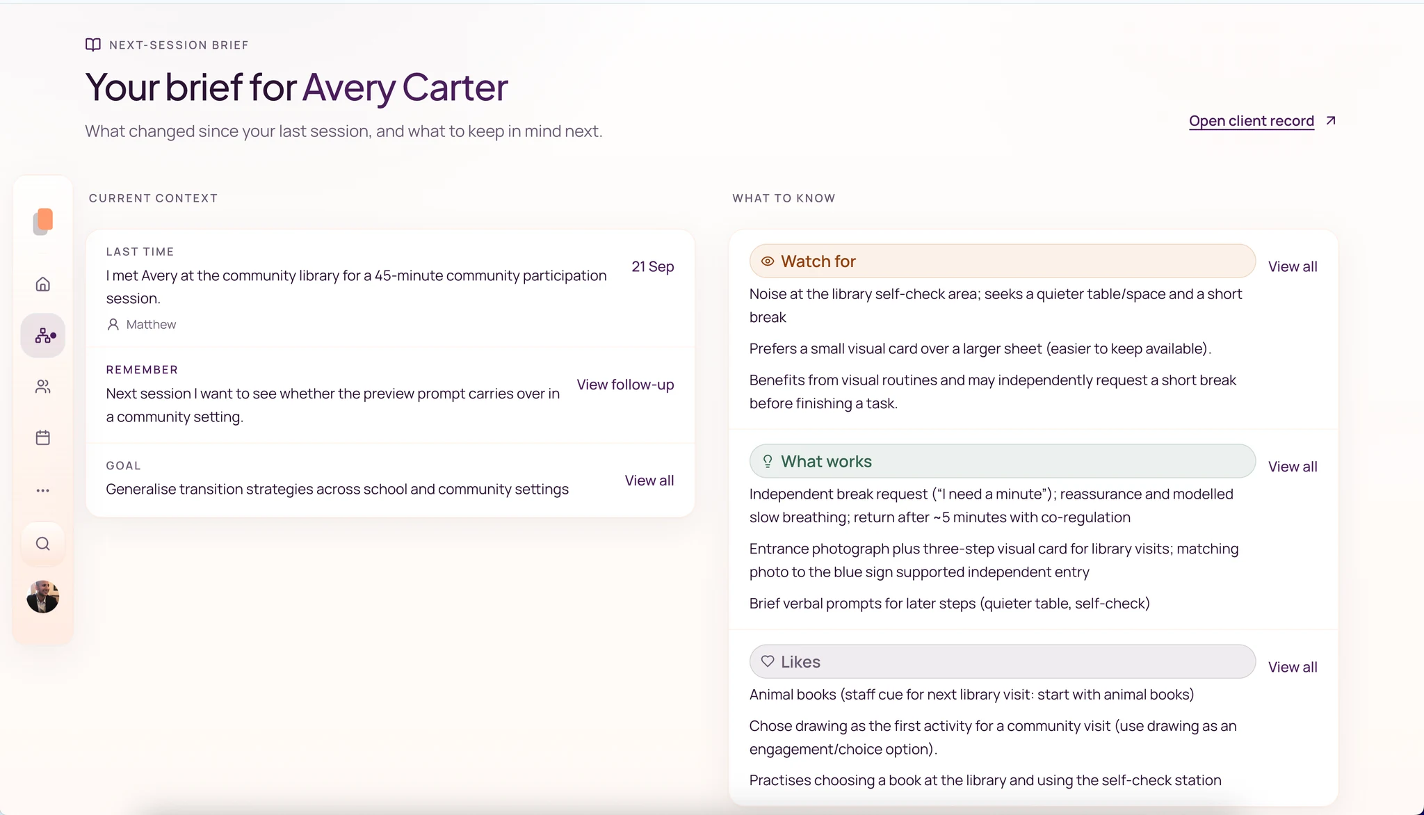 Fictional Avery’s next-session brief: last session on 21 September, a recorded follow-up and current goal beside Watch for, What works and Likes.