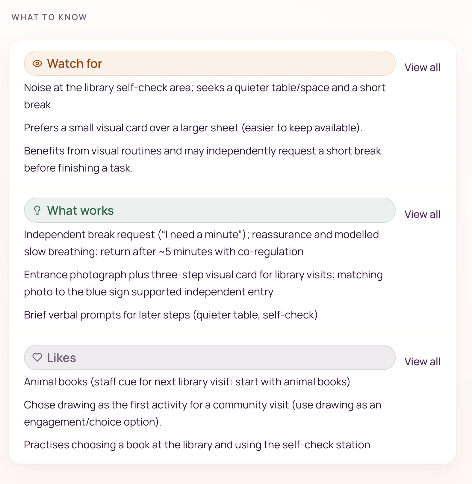 Fictional Avery’s What to know: library noise to watch for, visual-card strategies that work, and interests including animal books.