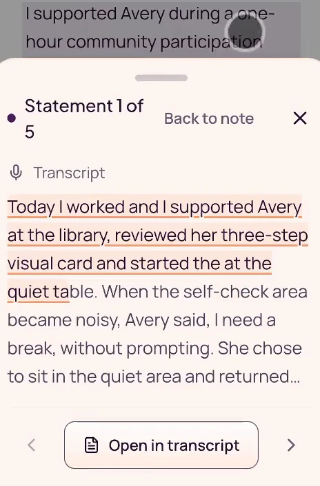 Avery’s Statement 1 of 5 source sheet, with today’s transcript passage about the library, three-step visual card and quiet table highlighted.