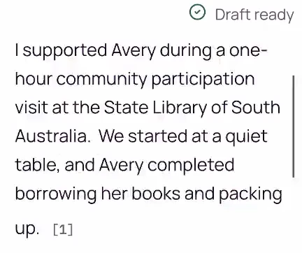 Avery’s generated library-session paragraph about a quiet table, borrowing books and packing up, ending with numbered marker [1].