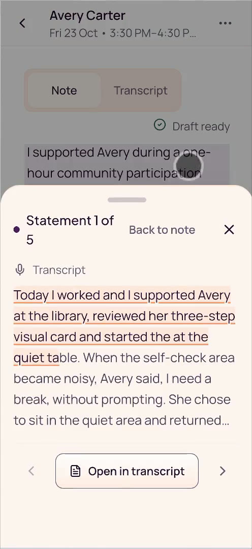 Fictional Avery’s library-session draft in Noteable, with a numbered statement’s transcript source open.