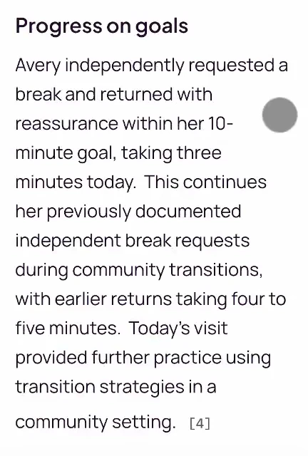 Avery’s generated Progress on goals paragraph, with marker [4], describing an independent break request and a three-minute return with reassurance compared with earlier returns of four to five minutes.