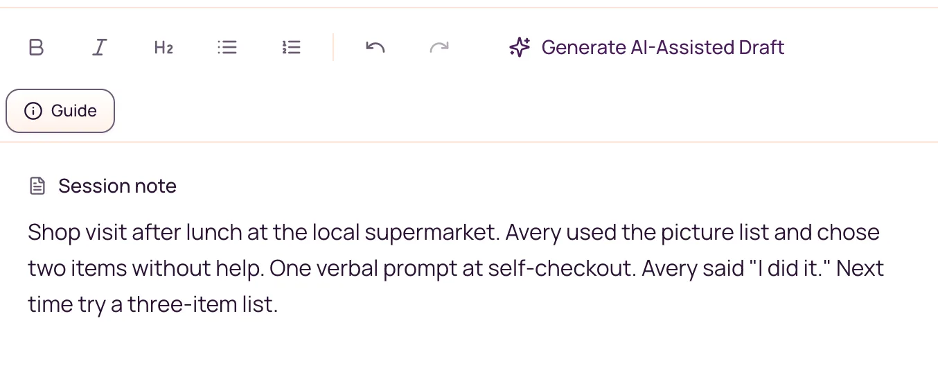 Noteable editor with typed rough points from Avery’s 8 October session and the Generate AI-Assisted Draft action.
