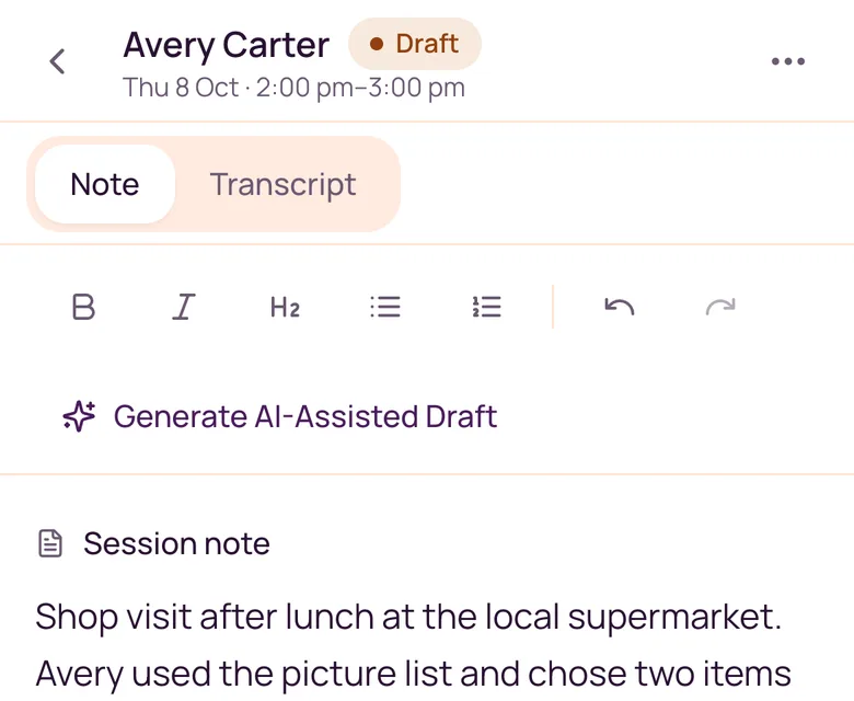 Phone-width Noteable editor with Avery’s typed rough points and the Generate AI-Assisted Draft action.