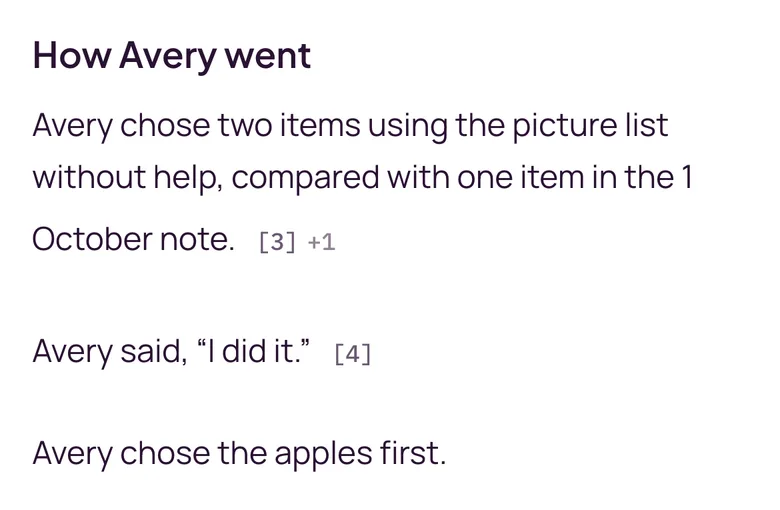 Phone-width Noteable editor with the added detail in Avery’s unfinalised note.
