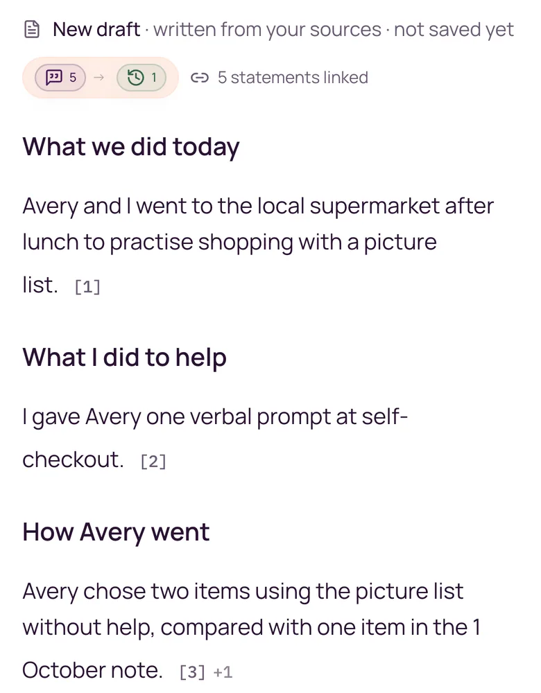 Phone-width Noteable draft of Avery’s note with numbered source markers.