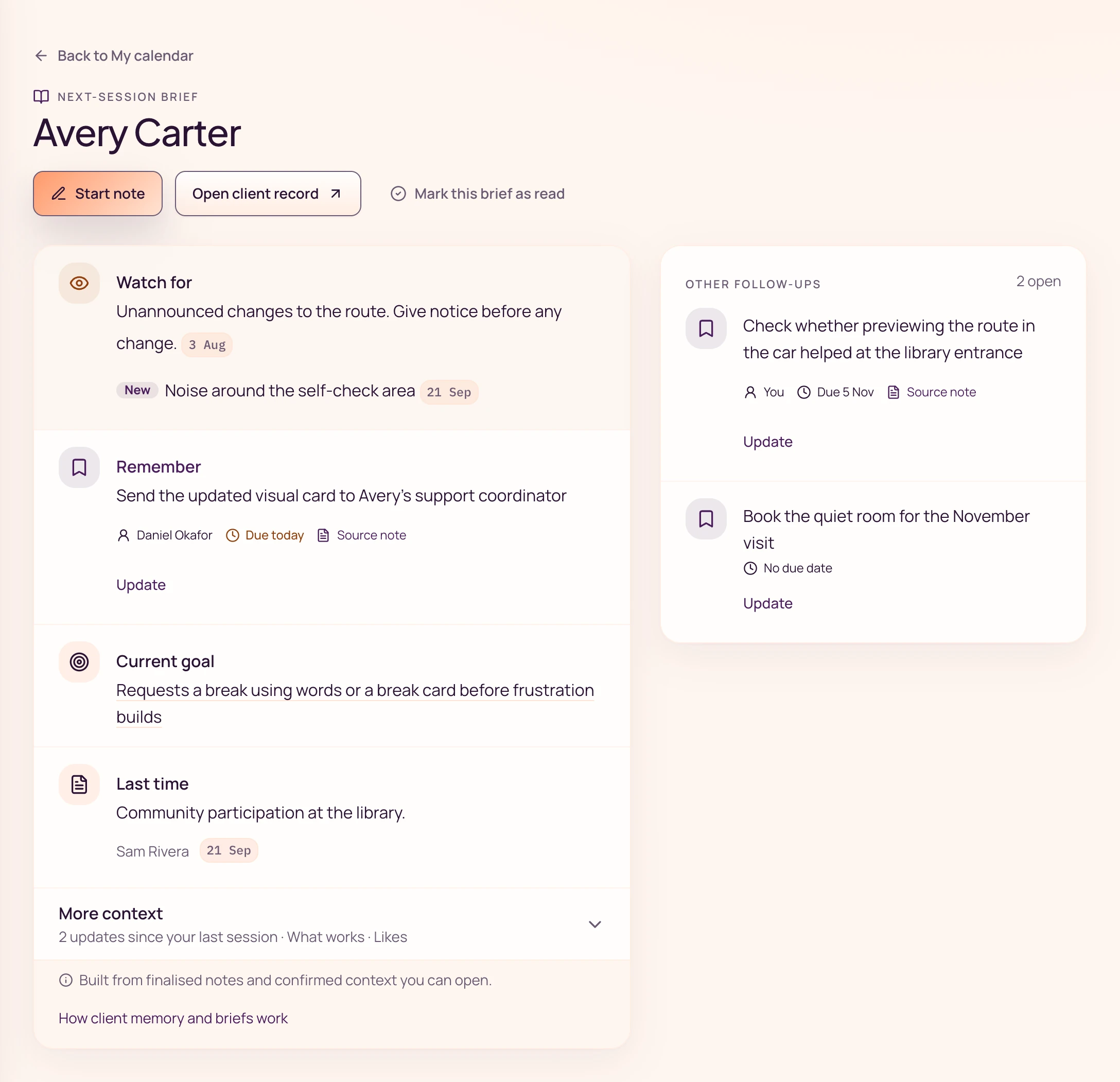 Fictional Avery’s next-session brief: two Watch for items with their source dates, a follow-up owned by Daniel Okafor and due today, the current goal, and last session on 21 September.