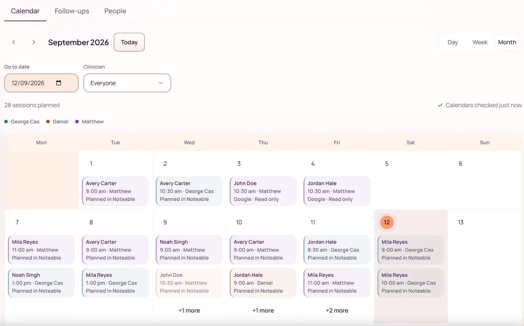 Noteable team calendar month view with fictional client appointments by team member, some planned in Noteable and some from a connected Google calendar marked read only