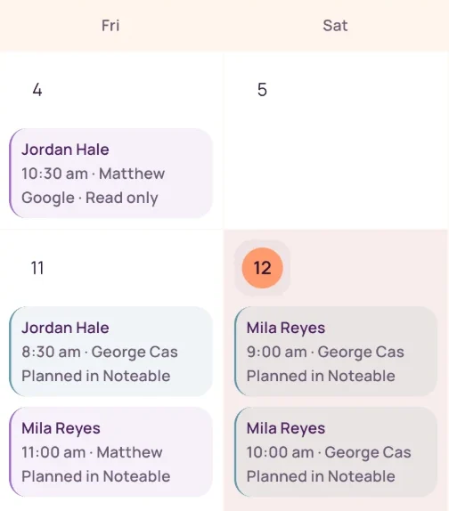 Noteable team calendar for two days with fictional client appointments: one from a connected Google calendar marked read only, the rest planned in Noteable