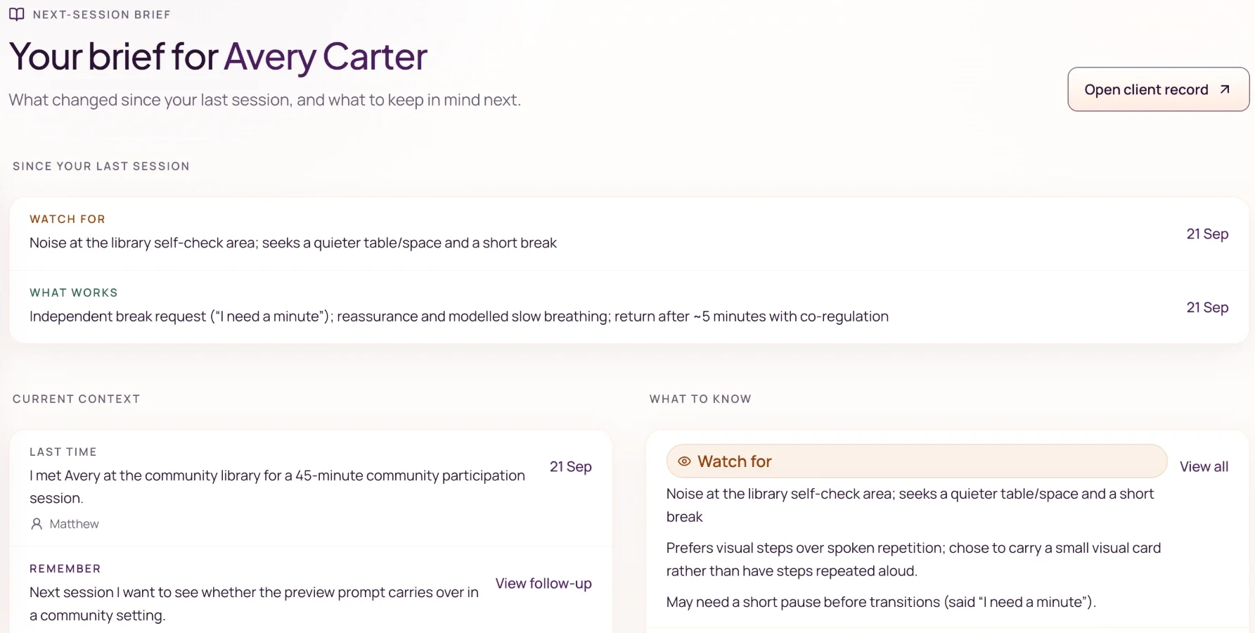 Screenshot of fictional Avery’s next-session brief: ‘Since your last session’ with ‘Watch for’ and ‘What works’ entries, then the last session, a reminder for next time, and what to know.
