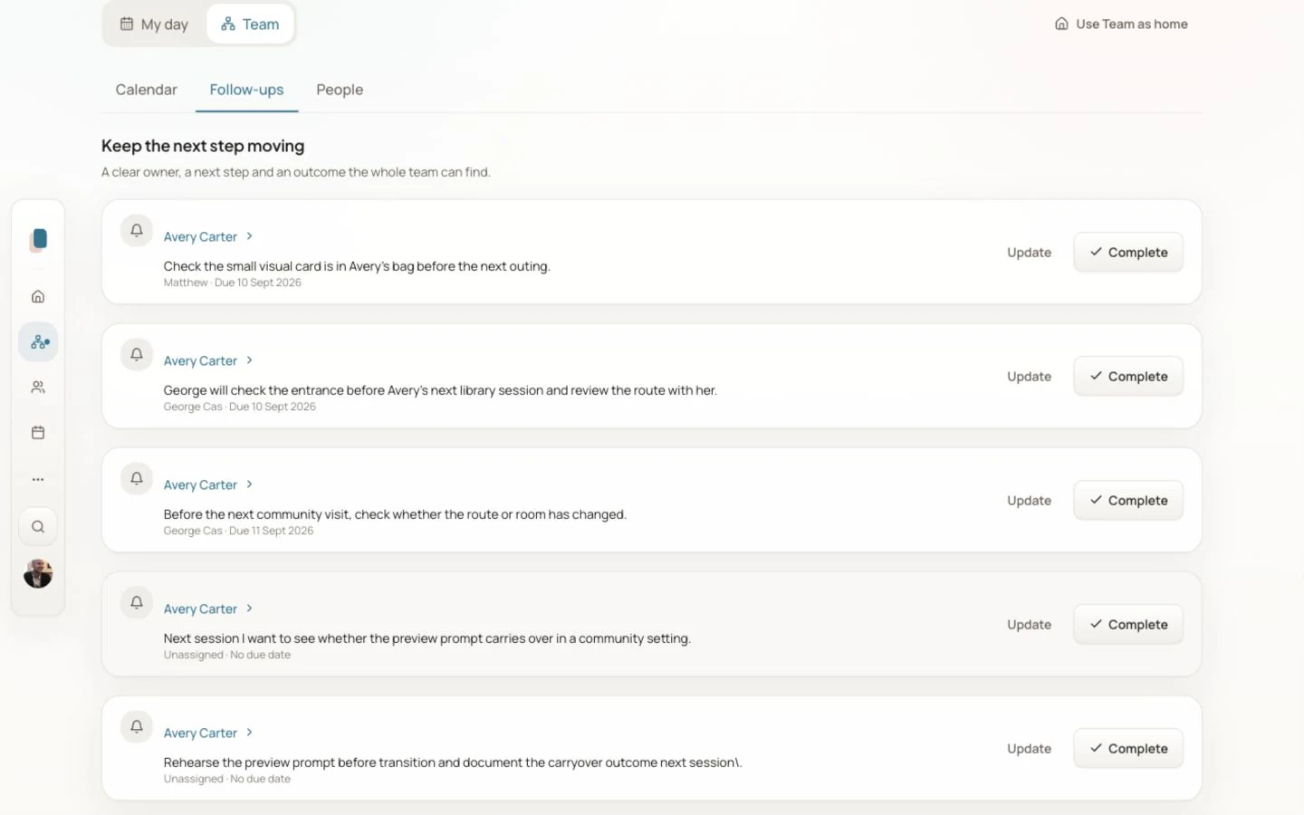 Avery’s client follow-ups in Noteable with named owners and due dates