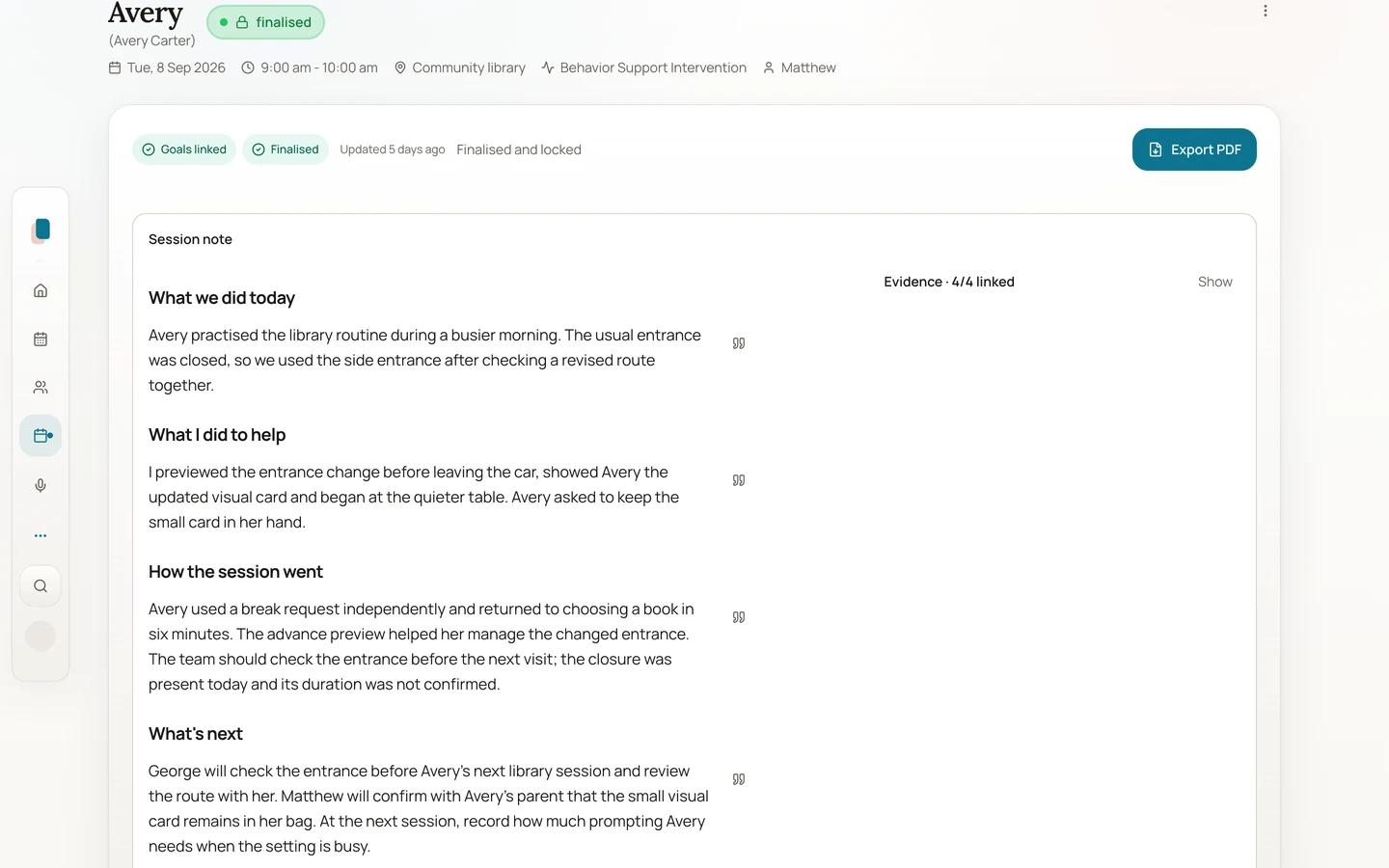 Avery’s earlier finalised session note, opened from its source link in client context