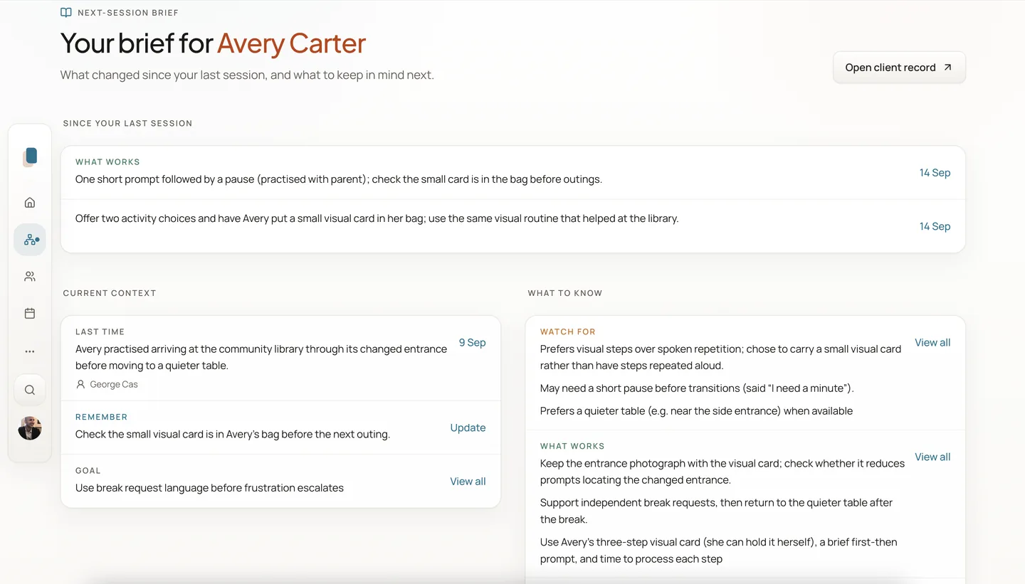Next-session brief for Avery Carter in Noteable, with quieter table, last library session, and details to check before the next visit.