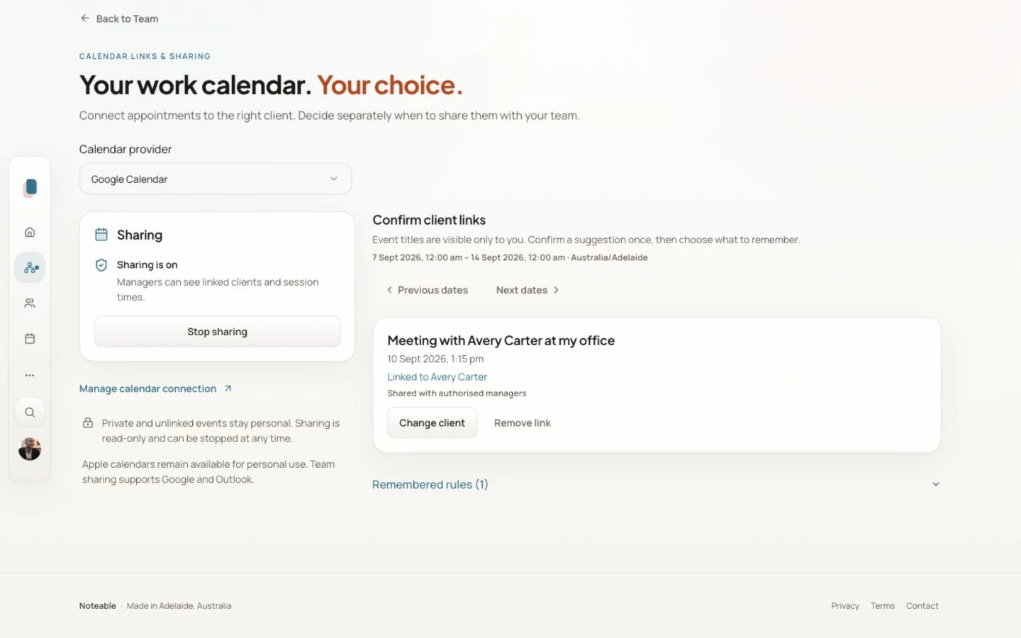 Calendar sharing controls for choosing eligible appointments and confirming client matches