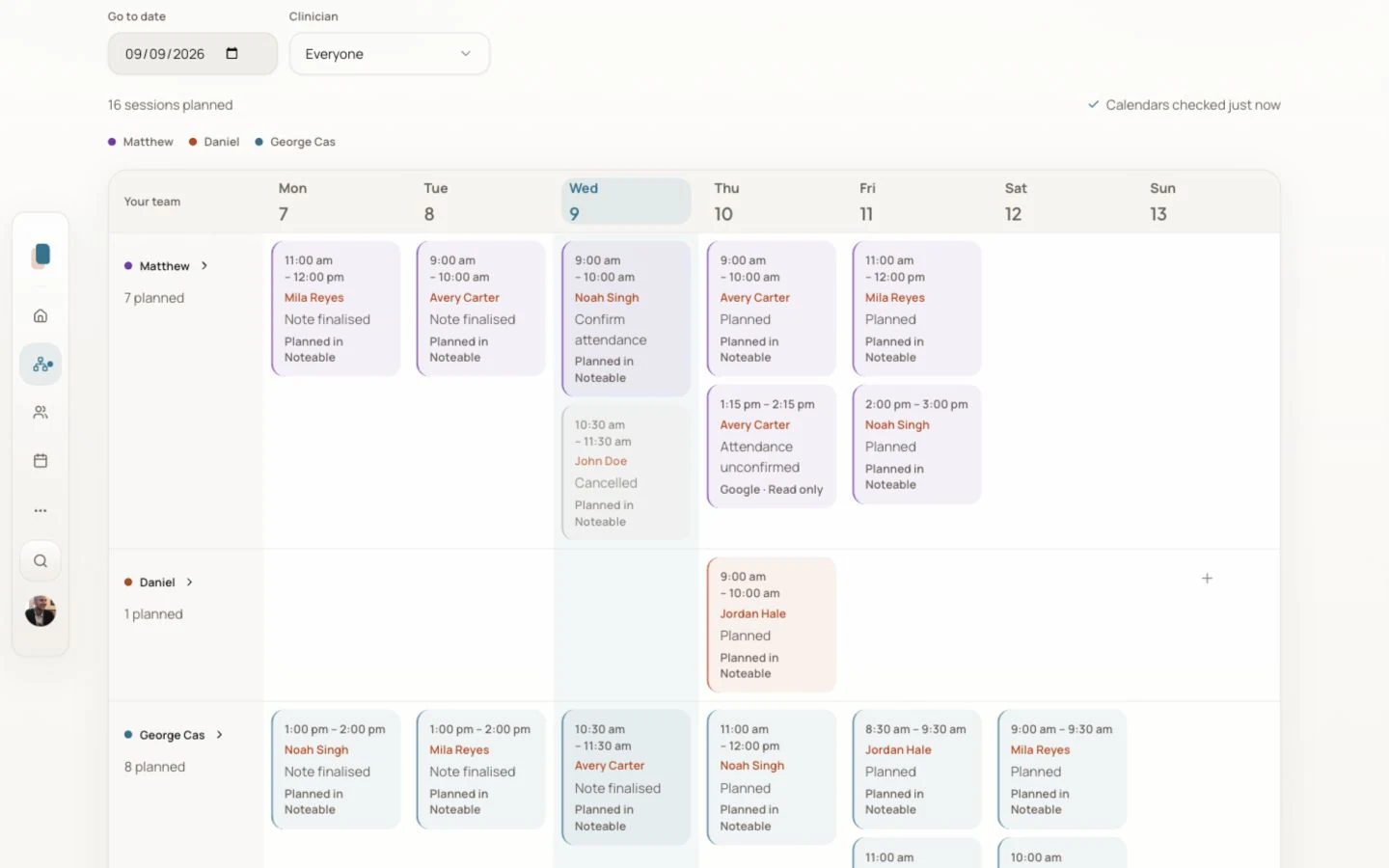 Noteable team calendar showing fictional client appointments across clinicians