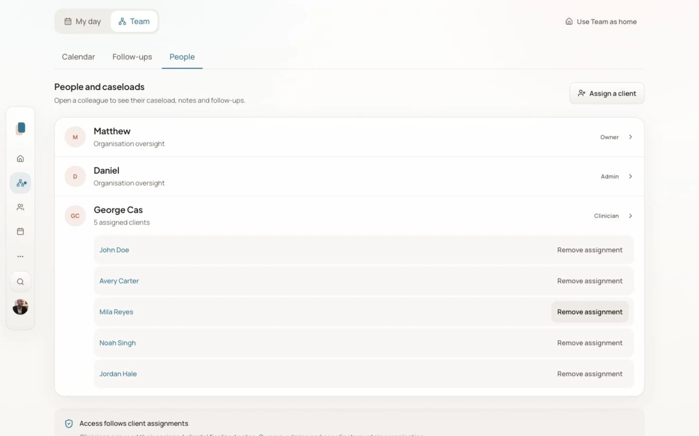 Noteable People view with demonstration clinicians and their client assignments